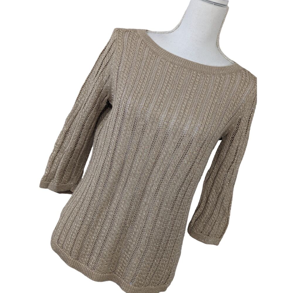 TALBOTS PETITES! LINEN BLEND! GORGEOUS GOLD MESH SHORT SLEEVE SWEATER TOP! SZ MP